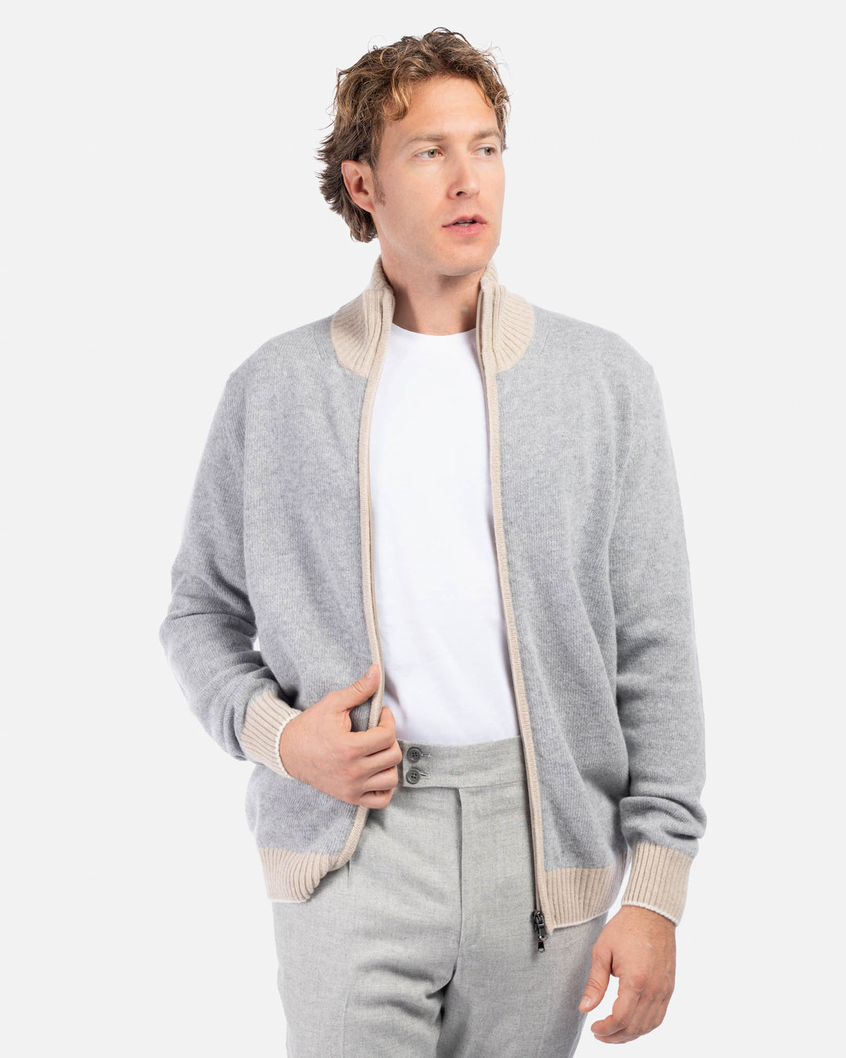 J.W.SAX MILANO Cardigan con Zip in Lana Grigio con Contrasti Beige