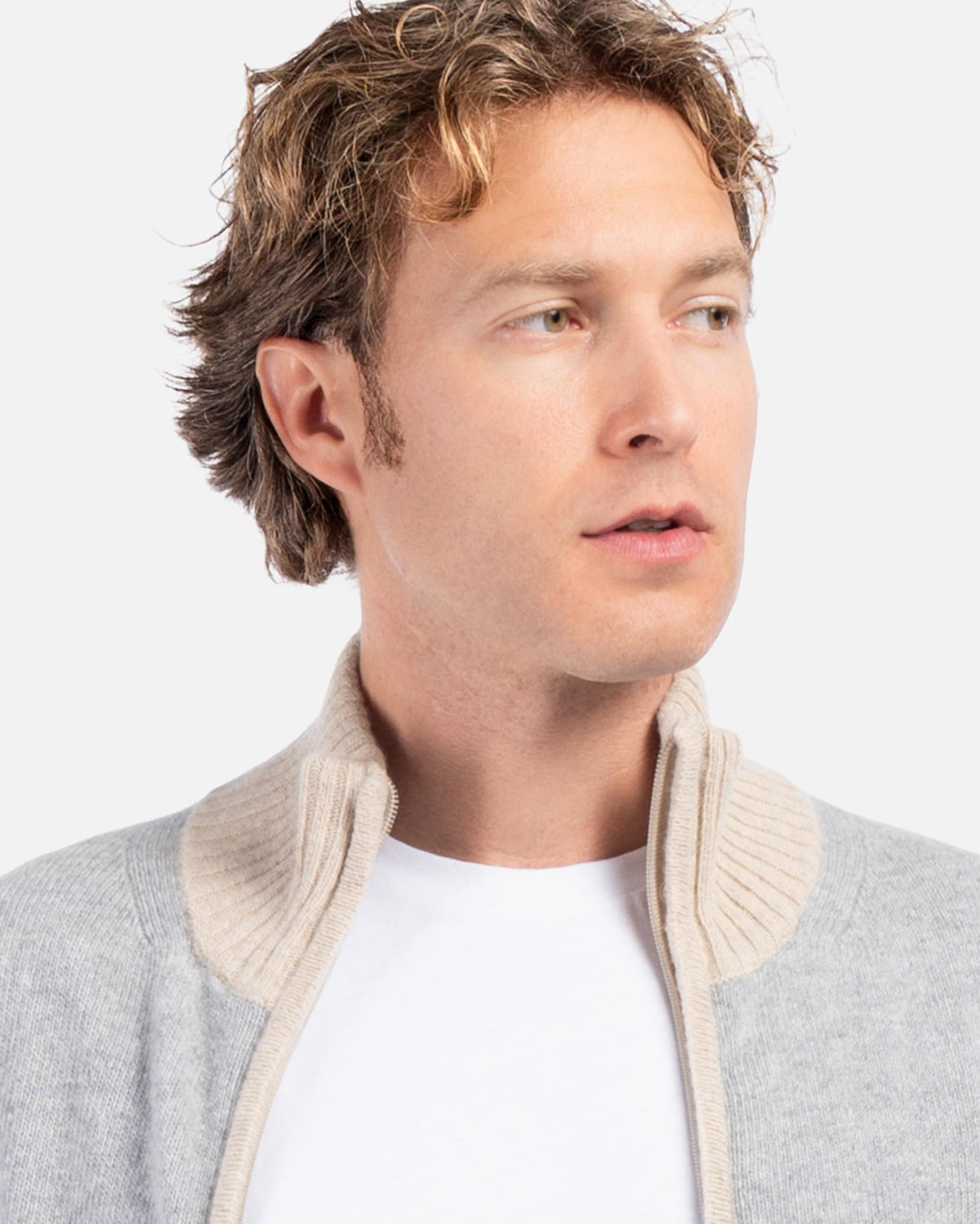 J.W.SAX MILANO Cardigan con Zip in Lana Grigio con Contrasti Beige
