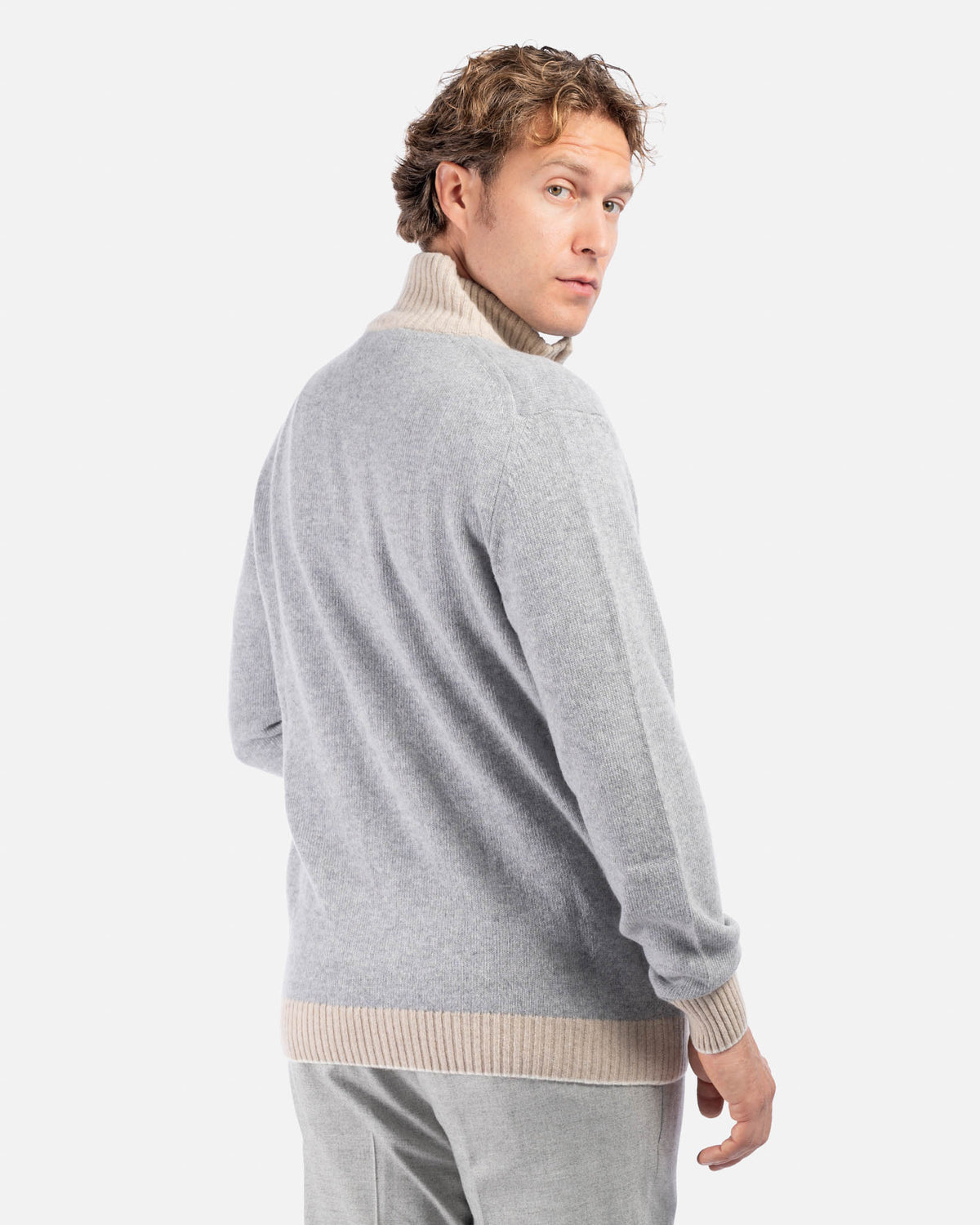 J.W.SAX MILANO Cardigan con Zip in Lana Grigio con Contrasti Beige