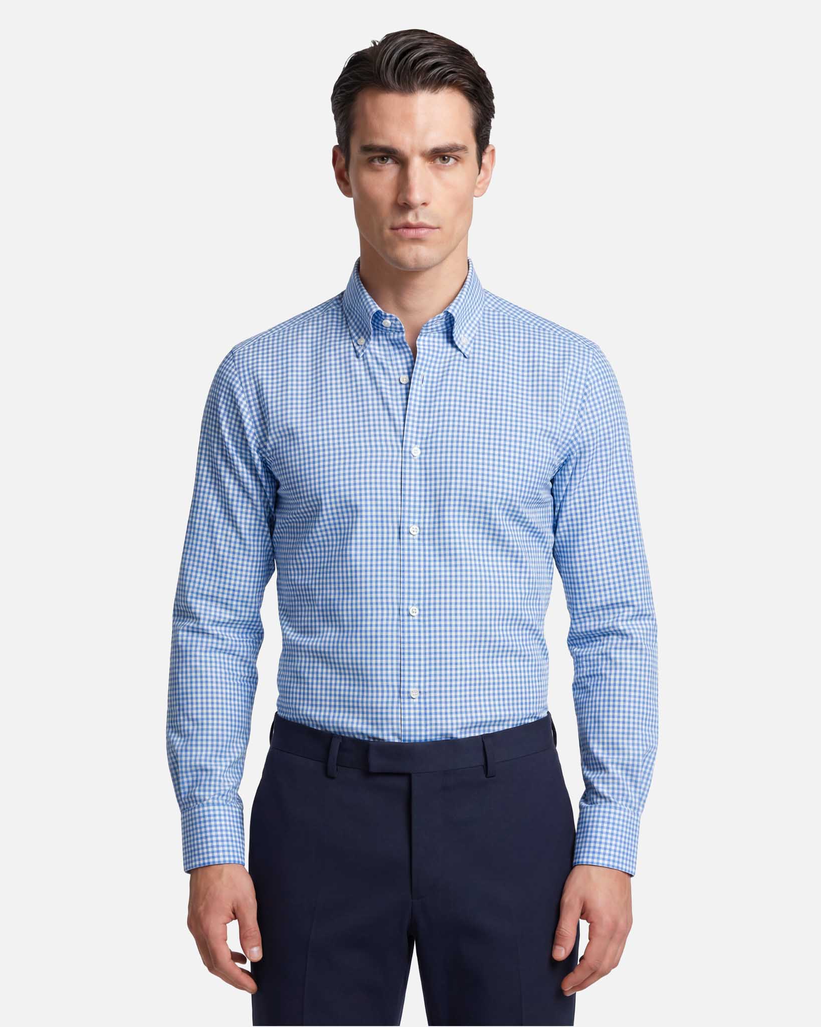 J.W.SAX MILANO Camicia in Twill di Cotone Check Azzurro Button Down