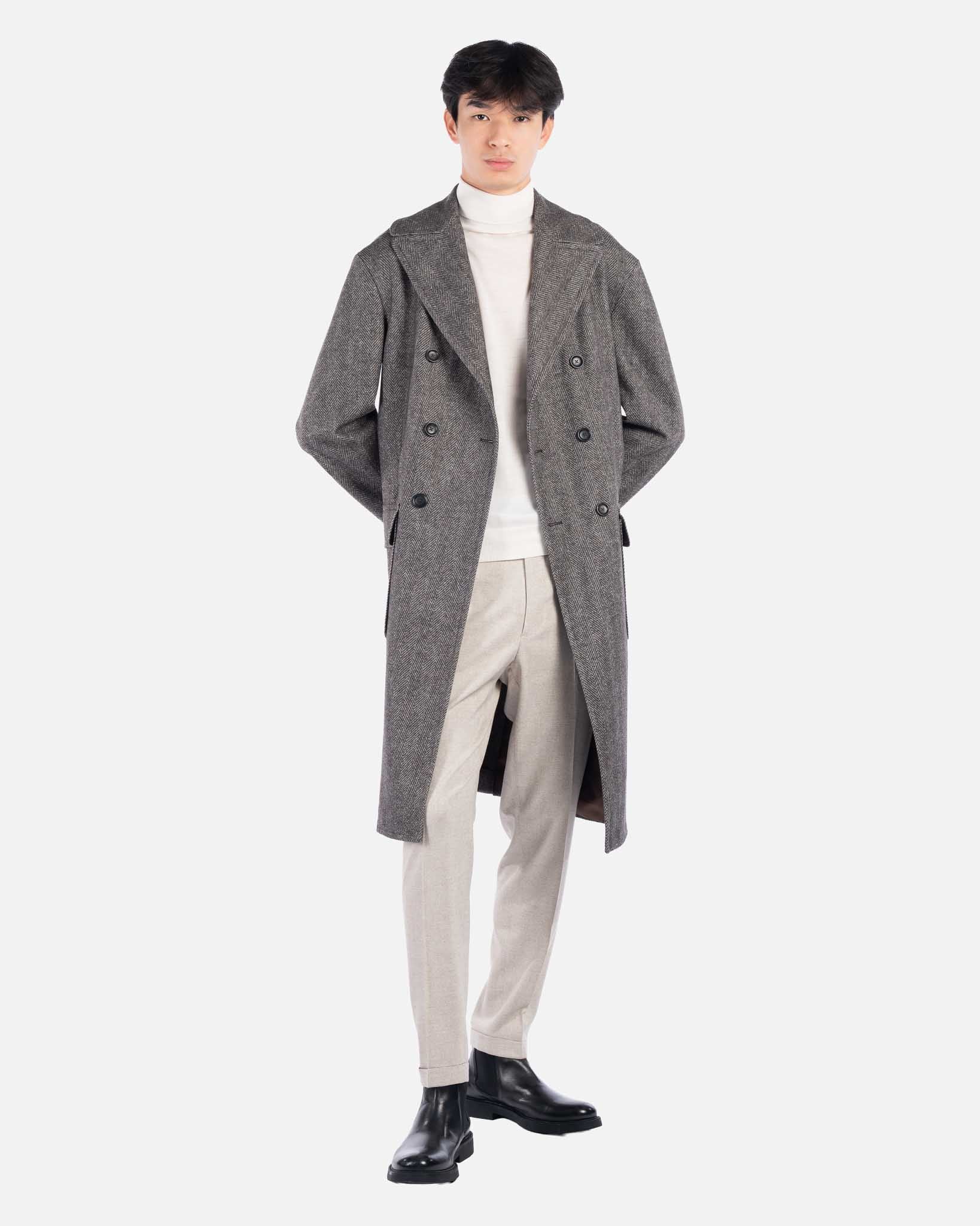 J.W.SAX MILANO Cappotto Lungo in Lana Chevron Marrone