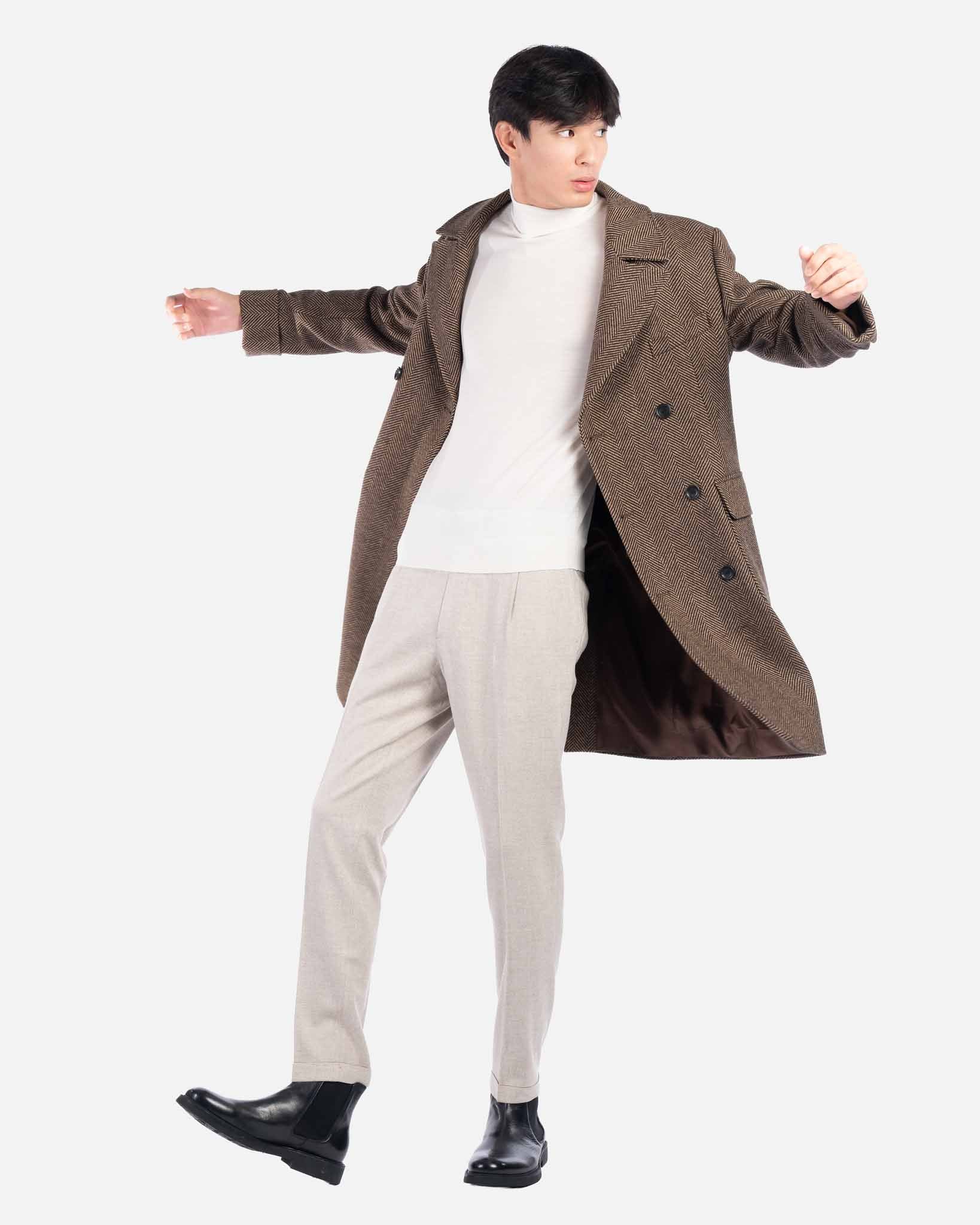 J.W.SAX MILANO Cappotto Doppiopetto in Lana a Spina di Pesce