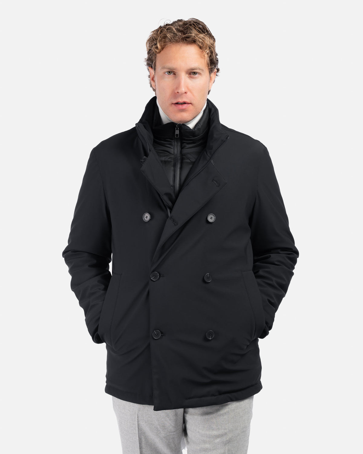 J.W.SAX MILANO Peacoat in Tessuto Tecnico Stretch Nero