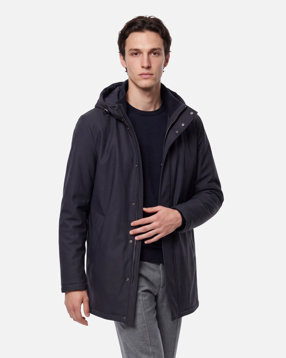 J.W.SAX MILANO Piumino Blu in Nylon "Olmetex Water Repellent" con Cappuccio Staccabile