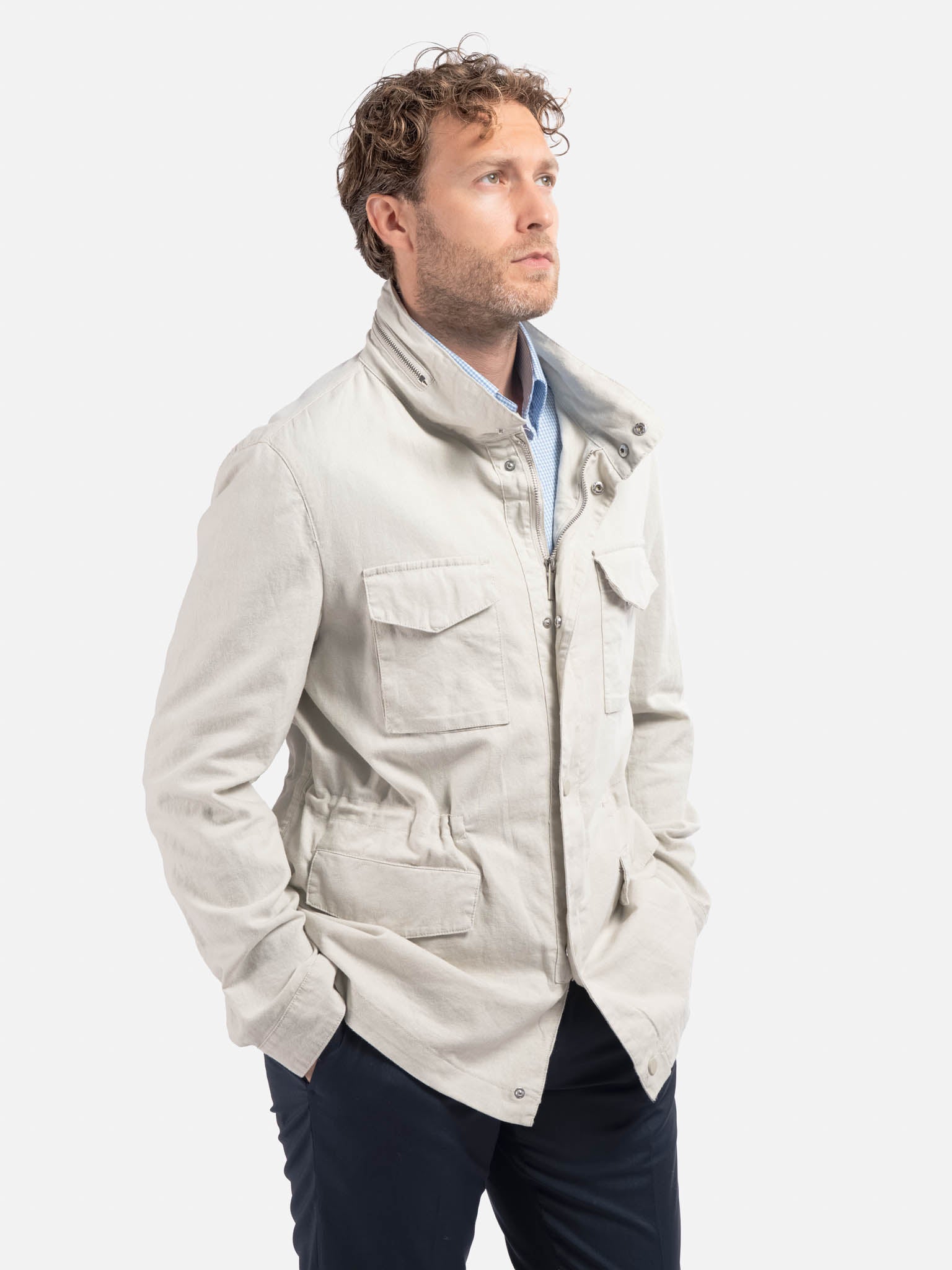 J.W.SAX MILANO Giacca Sahariana Beige in Lino e Cotone
