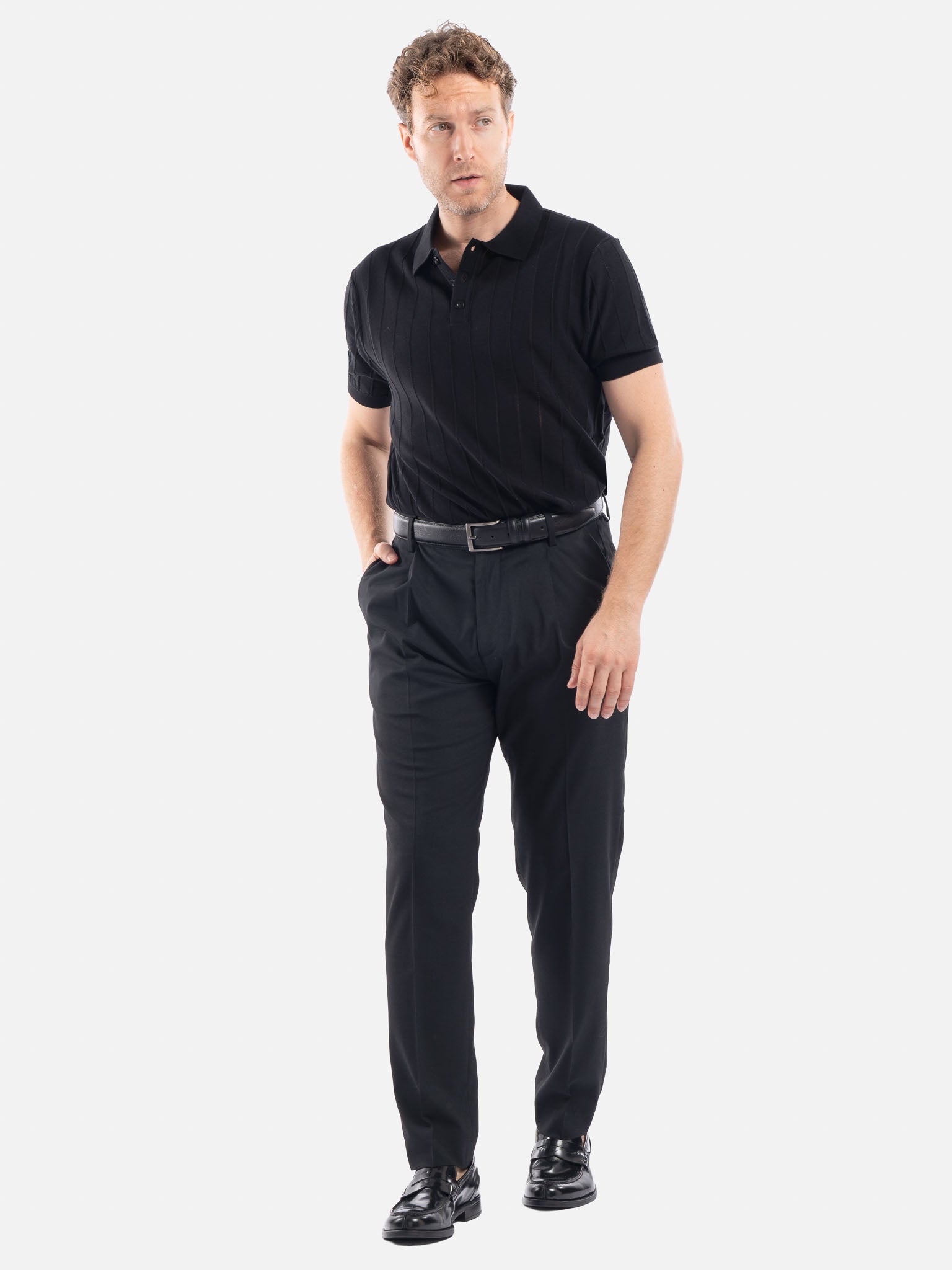 J.W.SAX MILANO Polo Nera in Cotone e Lino Lavorato