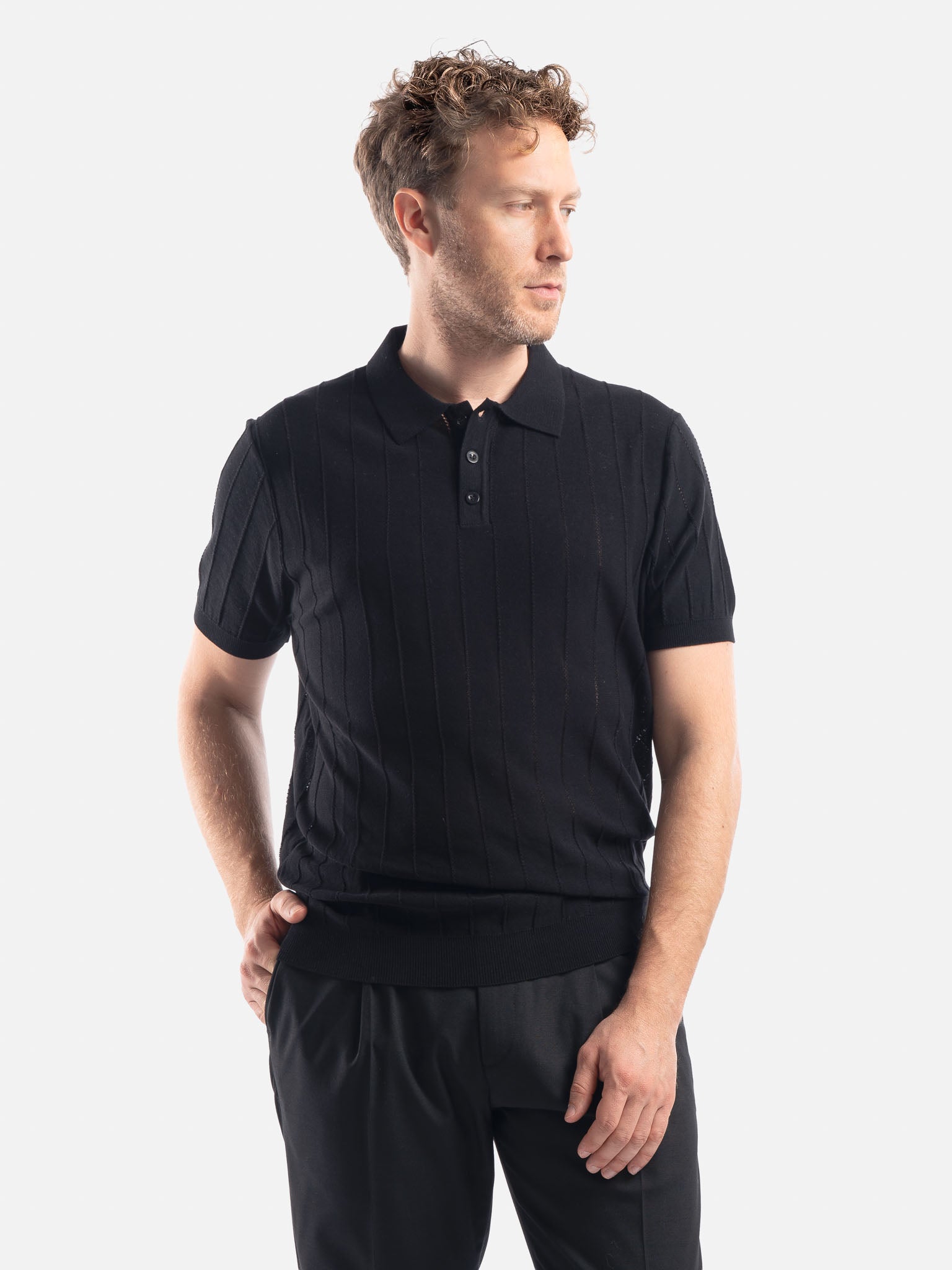J.W.SAX MILANO Polo Nera in Cotone e Lino Lavorato