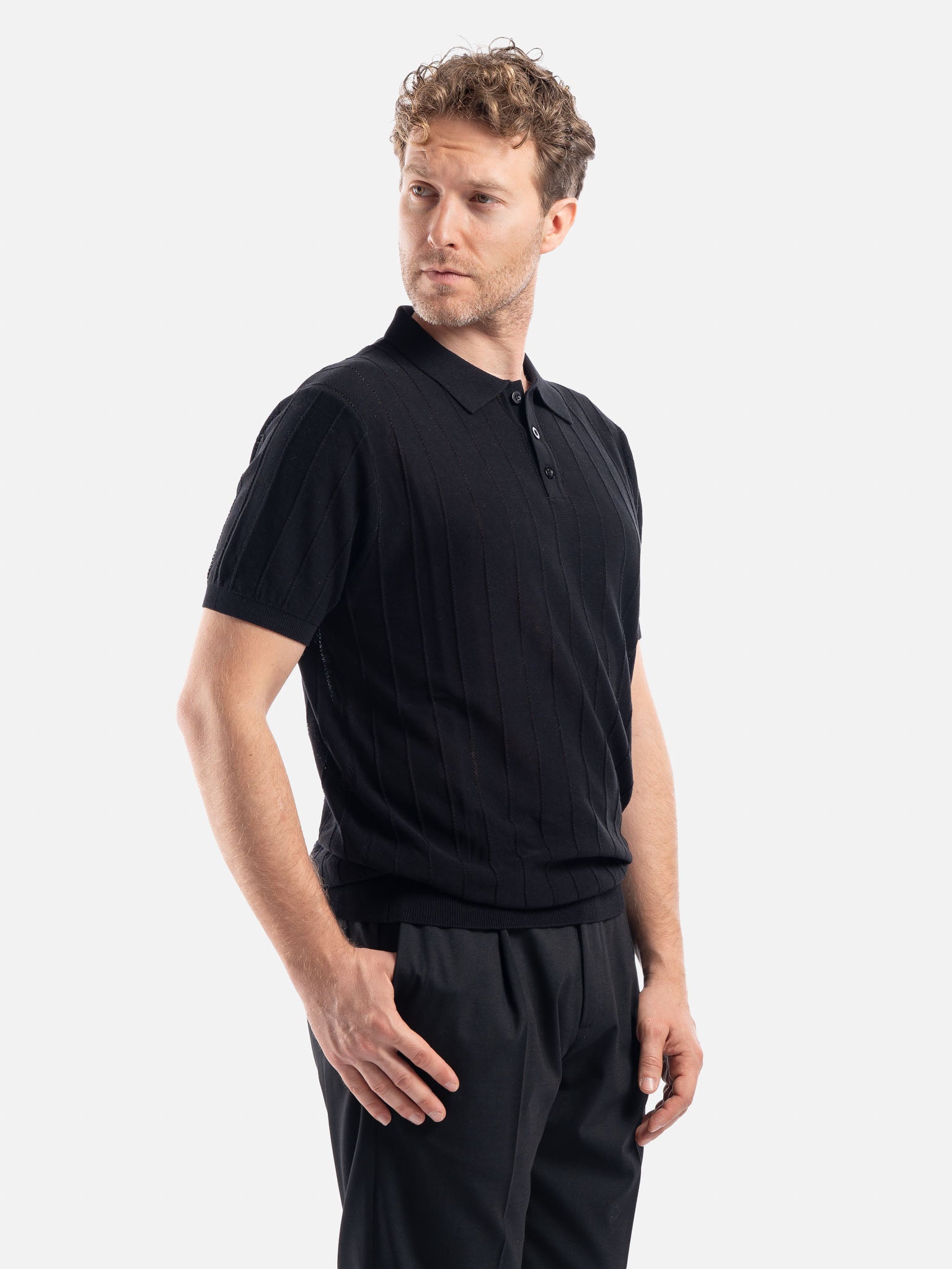 J.W.SAX MILANO Polo Nera in Cotone e Lino Lavorato