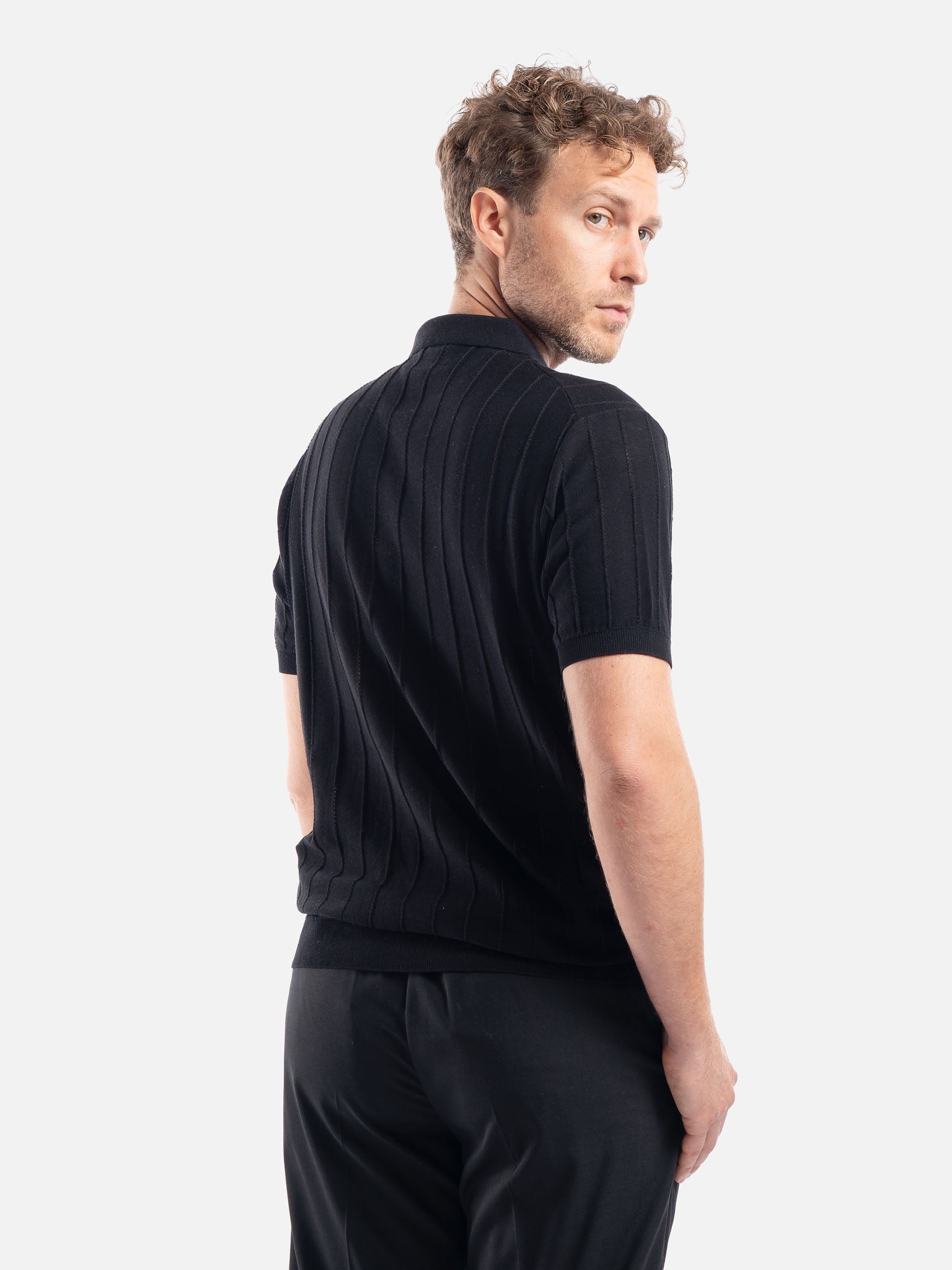 J.W.SAX MILANO Polo Nera in Cotone e Lino Lavorato