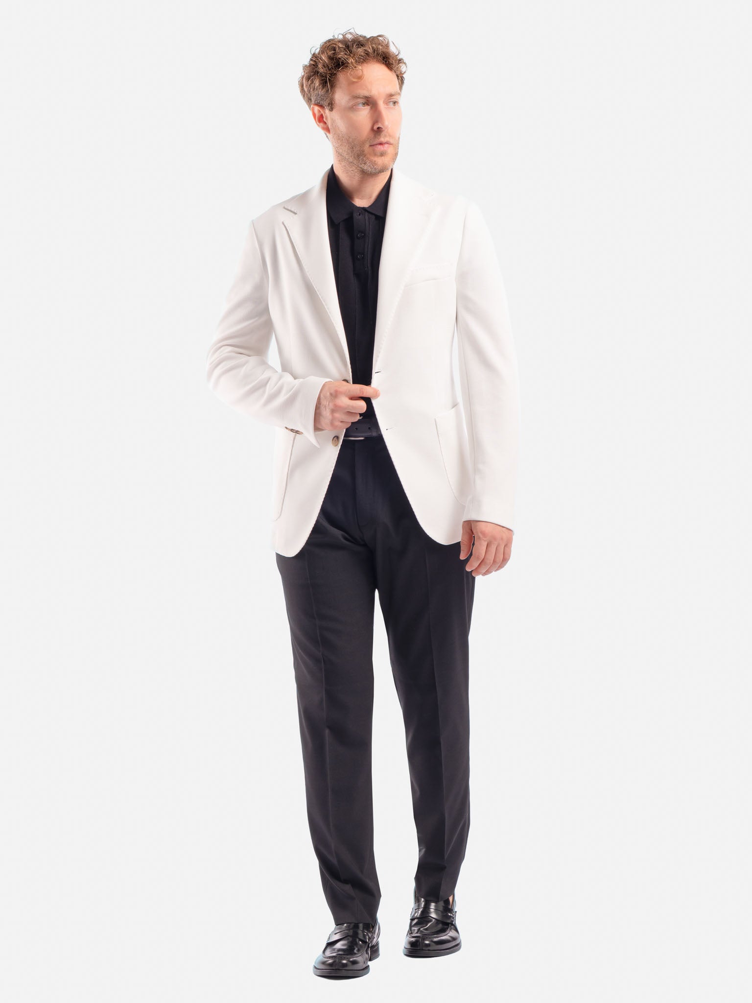 J.W.SAX MILANO Polo Nera in Cotone e Lino Lavorato