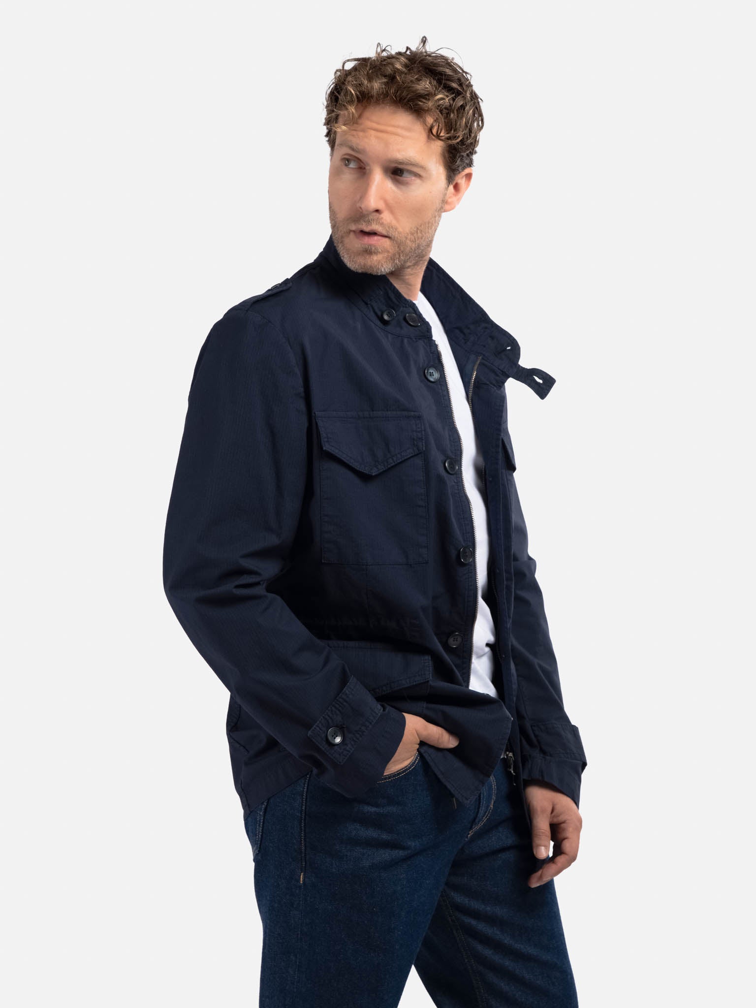 J.W.SAX MILANO Field Jacket Blu in Cotone Stretch