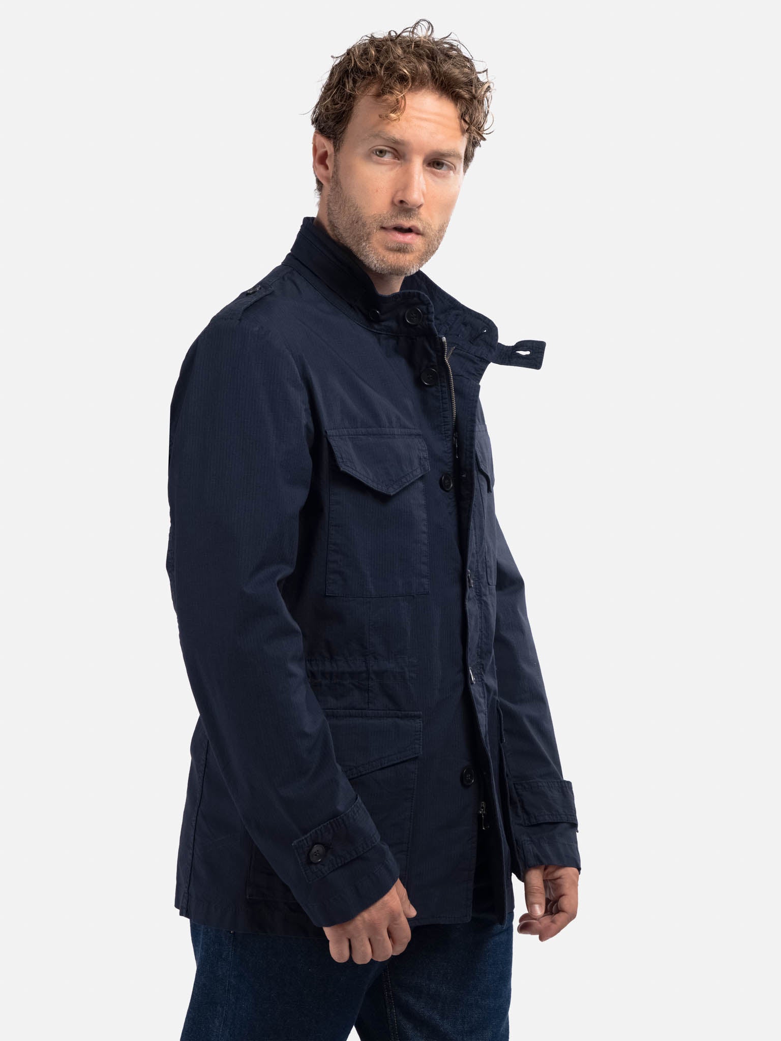 J.W.SAX MILANO Field Jacket Blu in Cotone Stretch