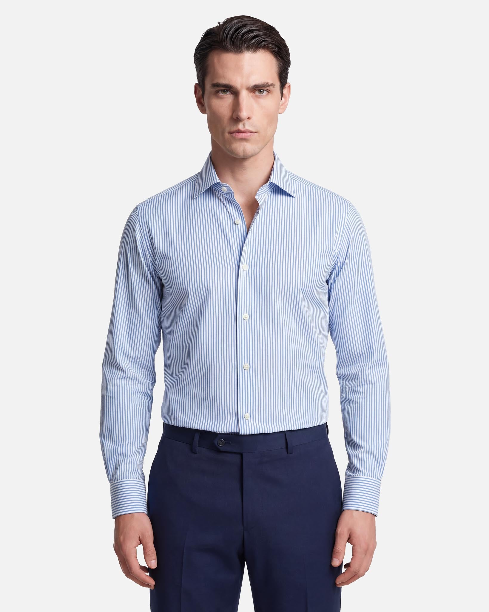 J.W.SAX MILANO Camicia in Popeline di Cotone a Righe Azzurre