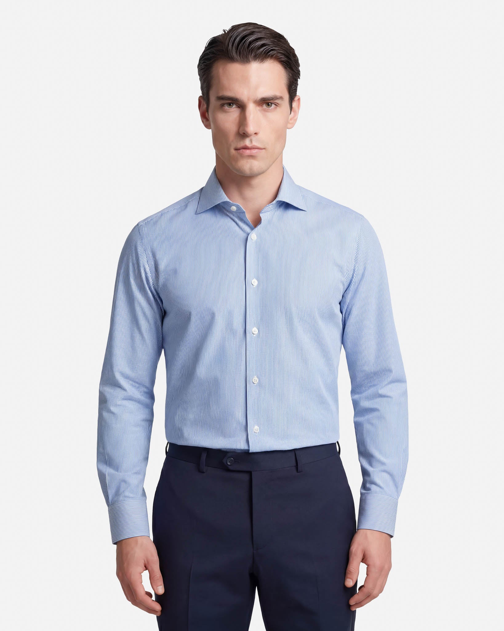 J.W.SAX MILANO Camicia in Popeline di Cotone a Righe Sottoli Azzurre