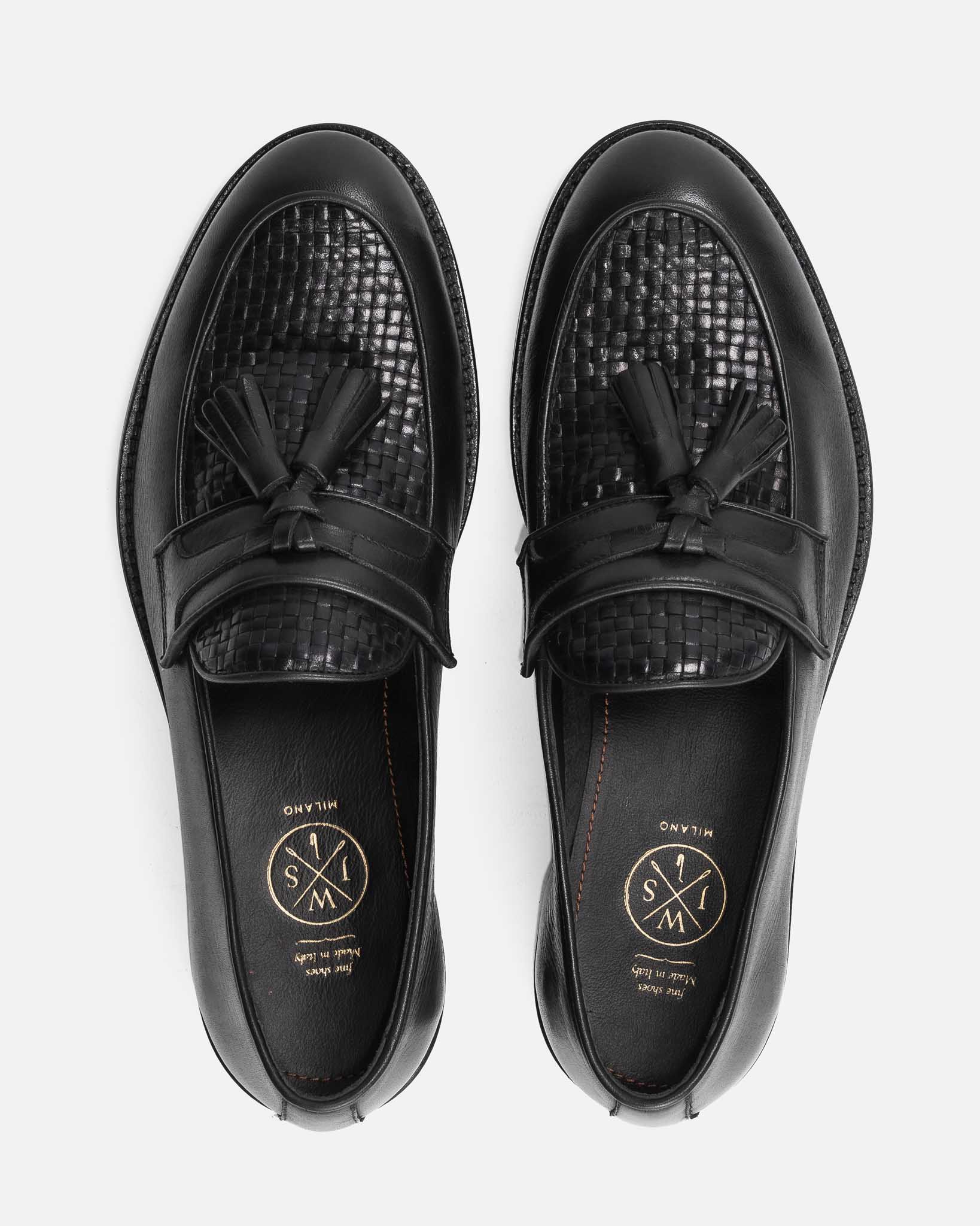 J.W.SAX MILANO Mocassini con Nappine in Pelle Nera Intrecciata