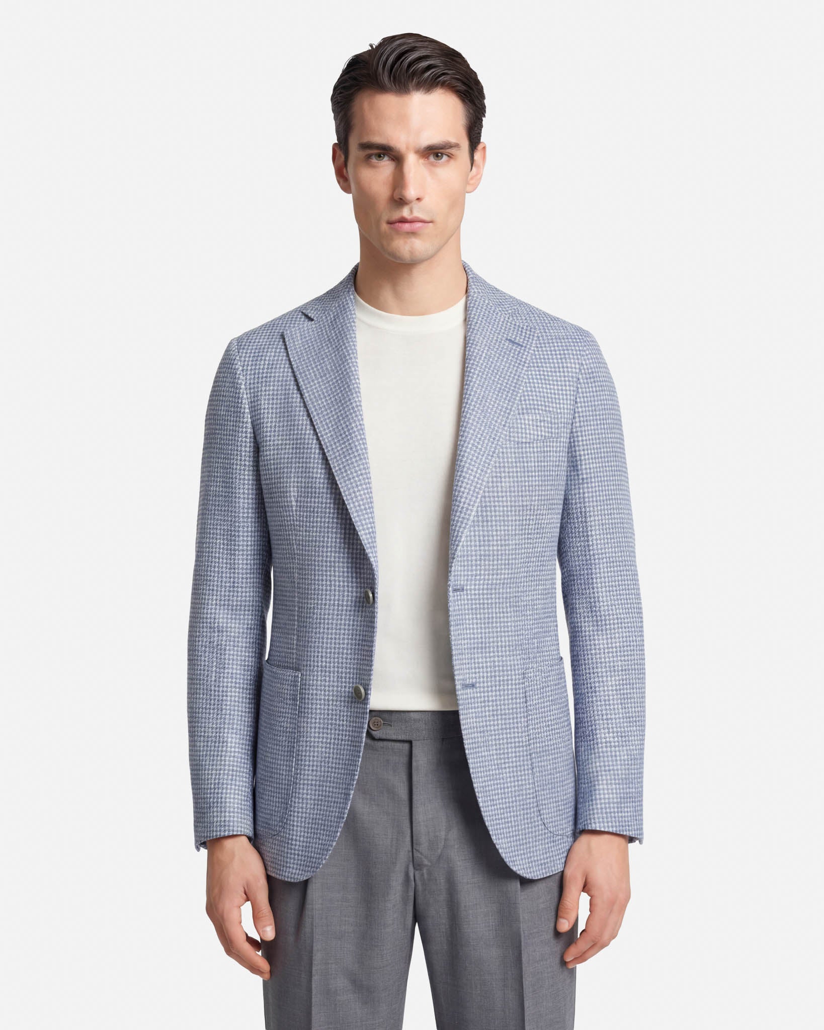 J.W.SAX MILANO Giacca Sartoriale in Lana e Lino Azzurro Pied de Poule