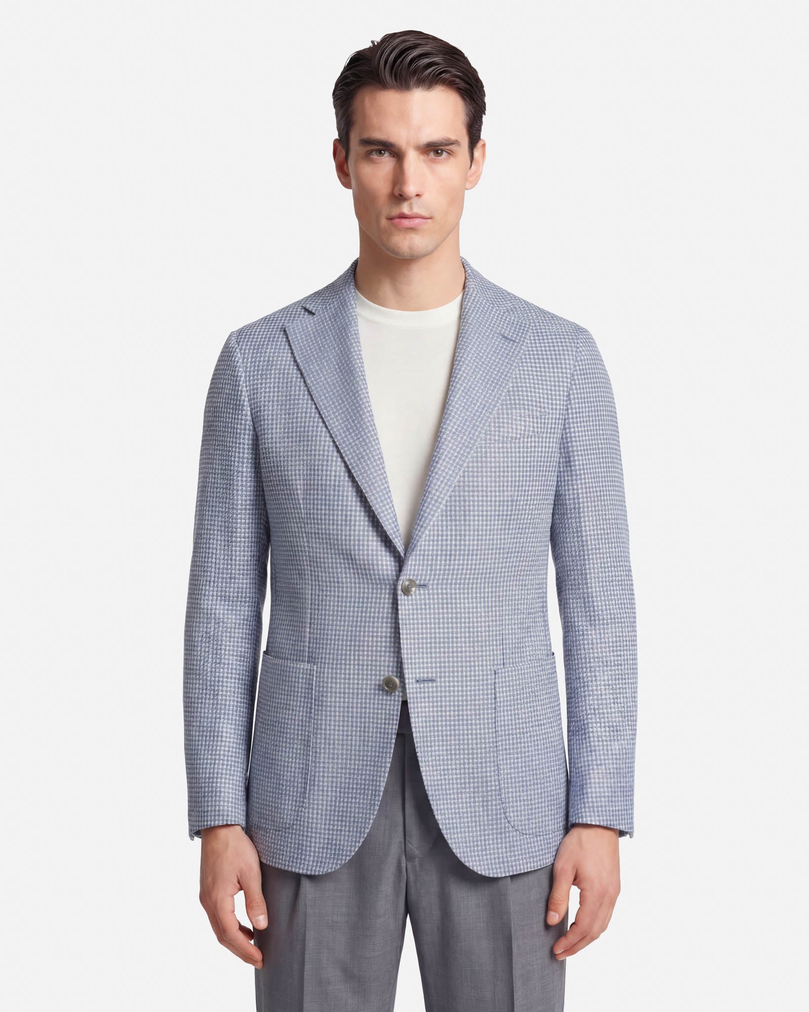 J.W.SAX MILANO Giacca Sartoriale in Lana e Lino Azzurro Pied de Poule
