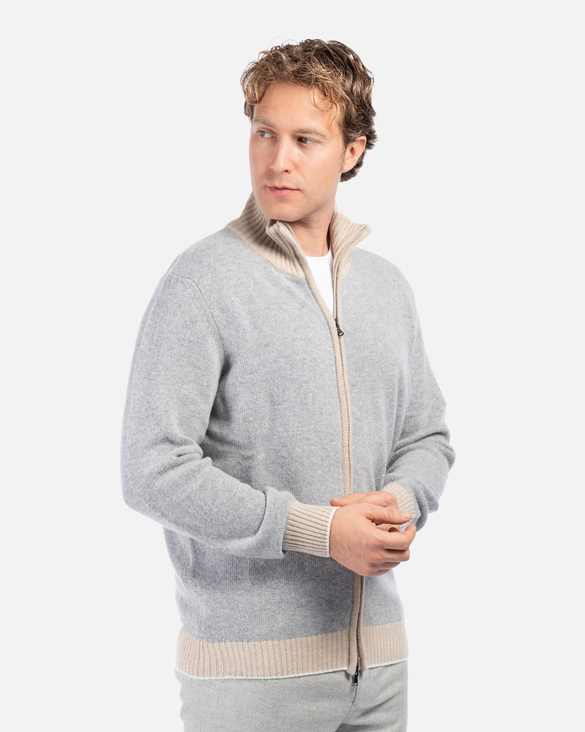J.W.SAX MILANO Cardigan con Zip in Lana Grigio con Contrasti Beige