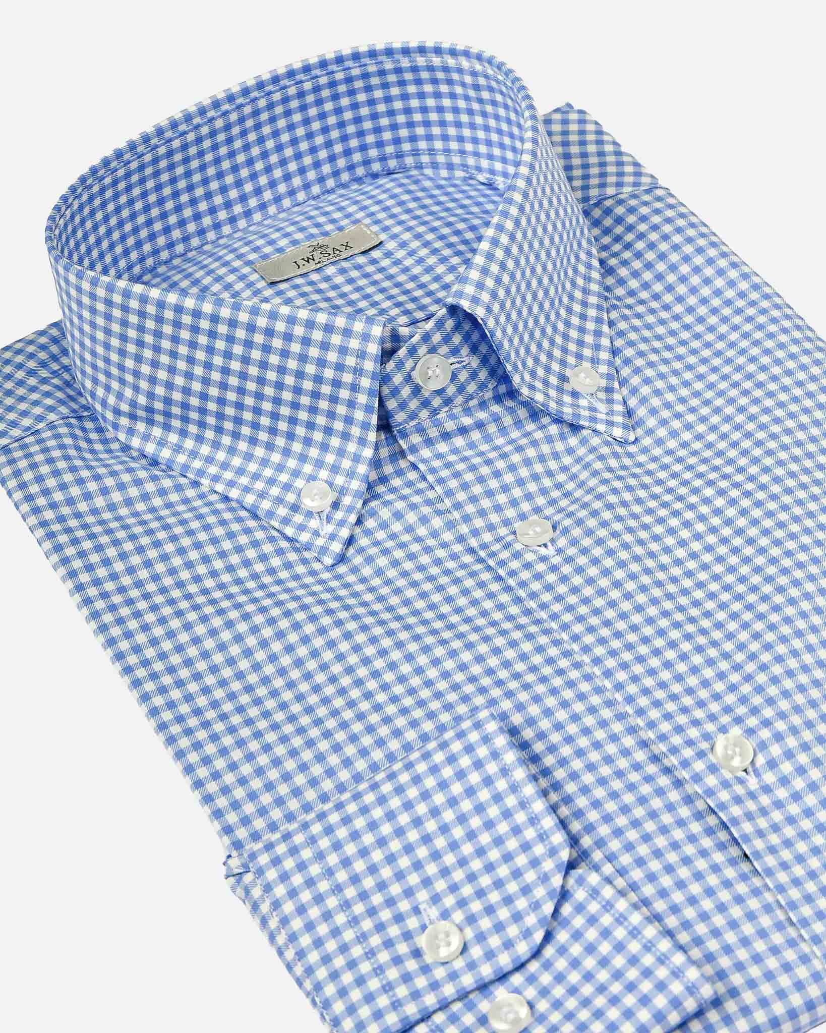 J.W.SAX MILANO Camicia in Twill di Cotone Check Azzurro Button Down