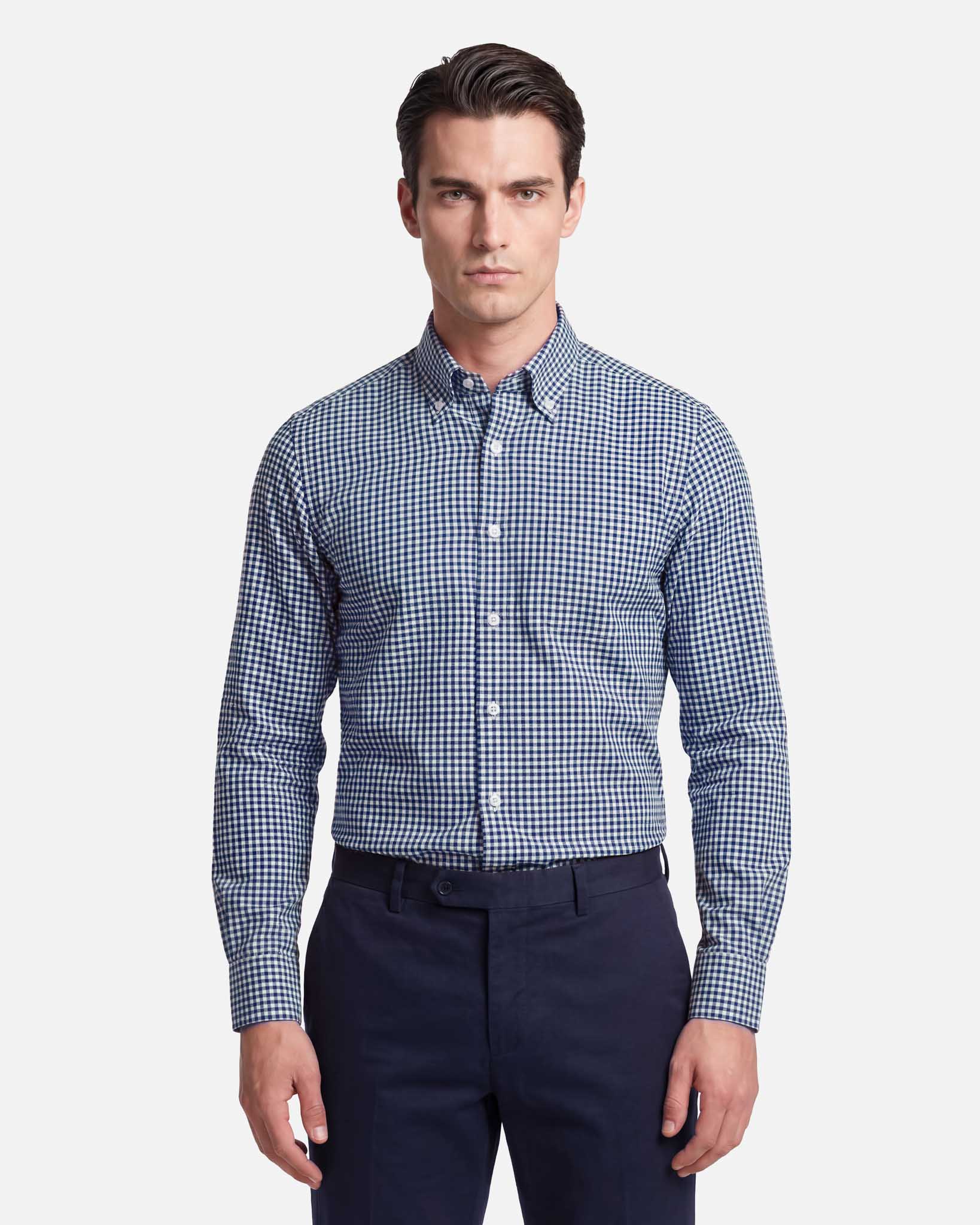 J.W.SAX MILANO Camicia in Twill di Cotone Check Blu Button Down