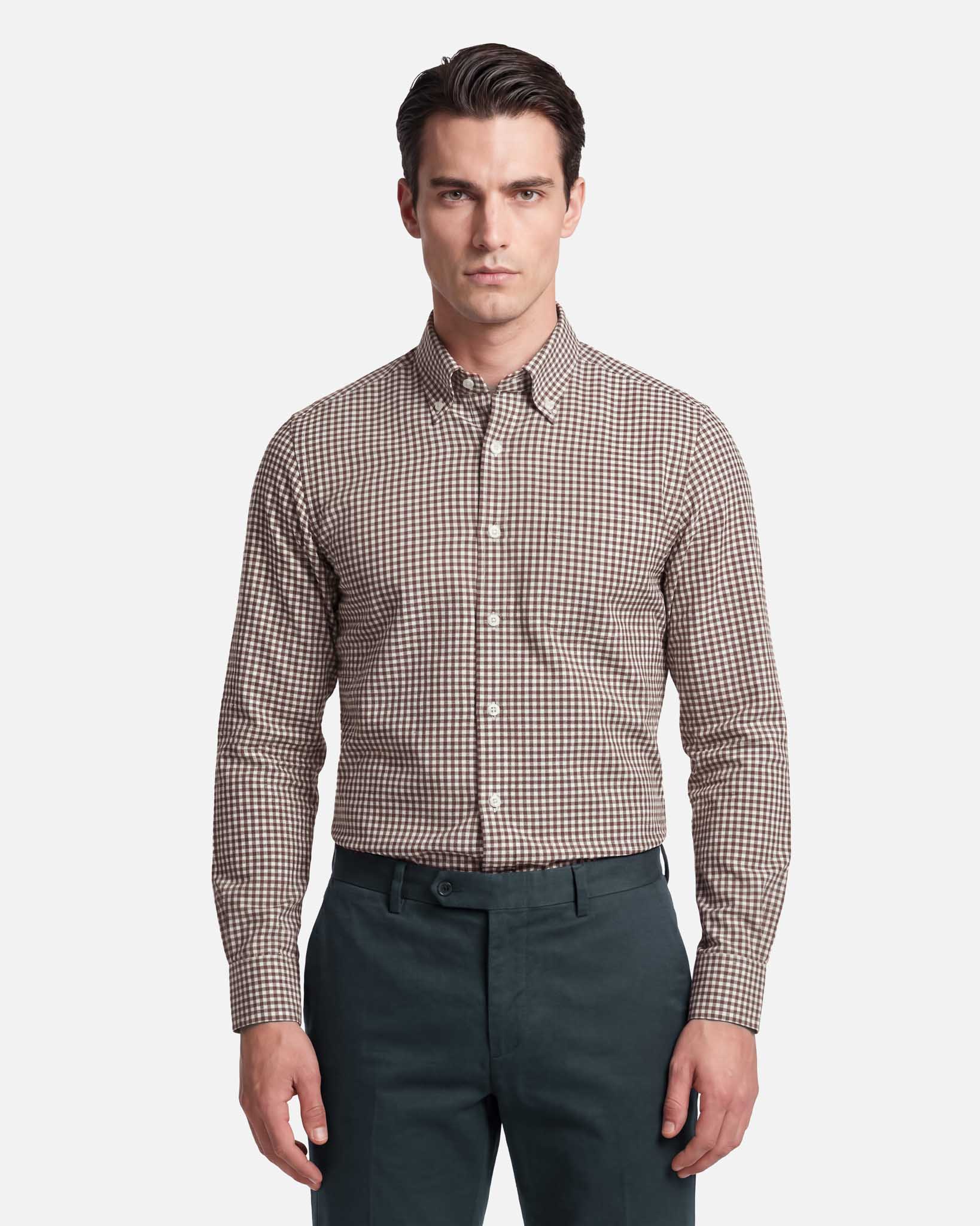 J.W.SAX MILANO Camicia in Twill di Cotone Check Marrone Button Down