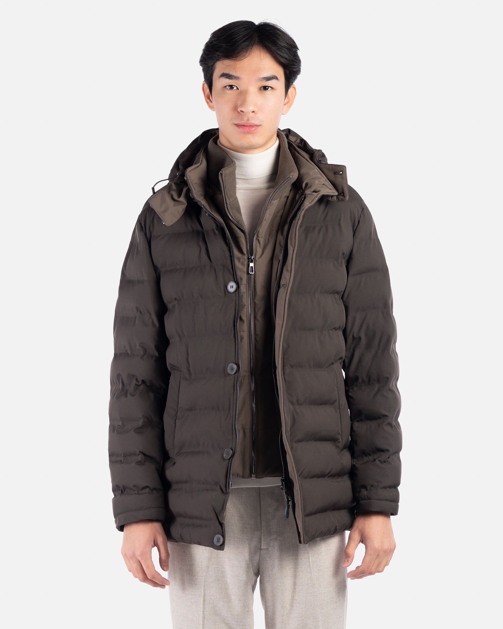 J.W.SAX MILANO Piumino Marrone con Pettorina e Cappuccio Rimovibili