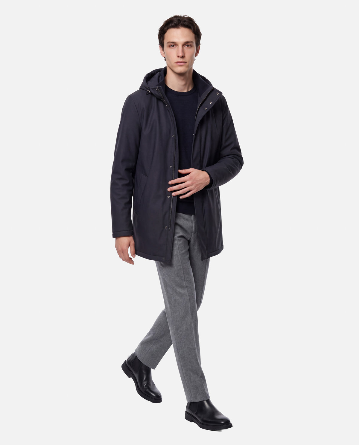 J.W.SAX MILANO Piumino Blu in Nylon "Olmetex Water Repellent" con Cappuccio Staccabile