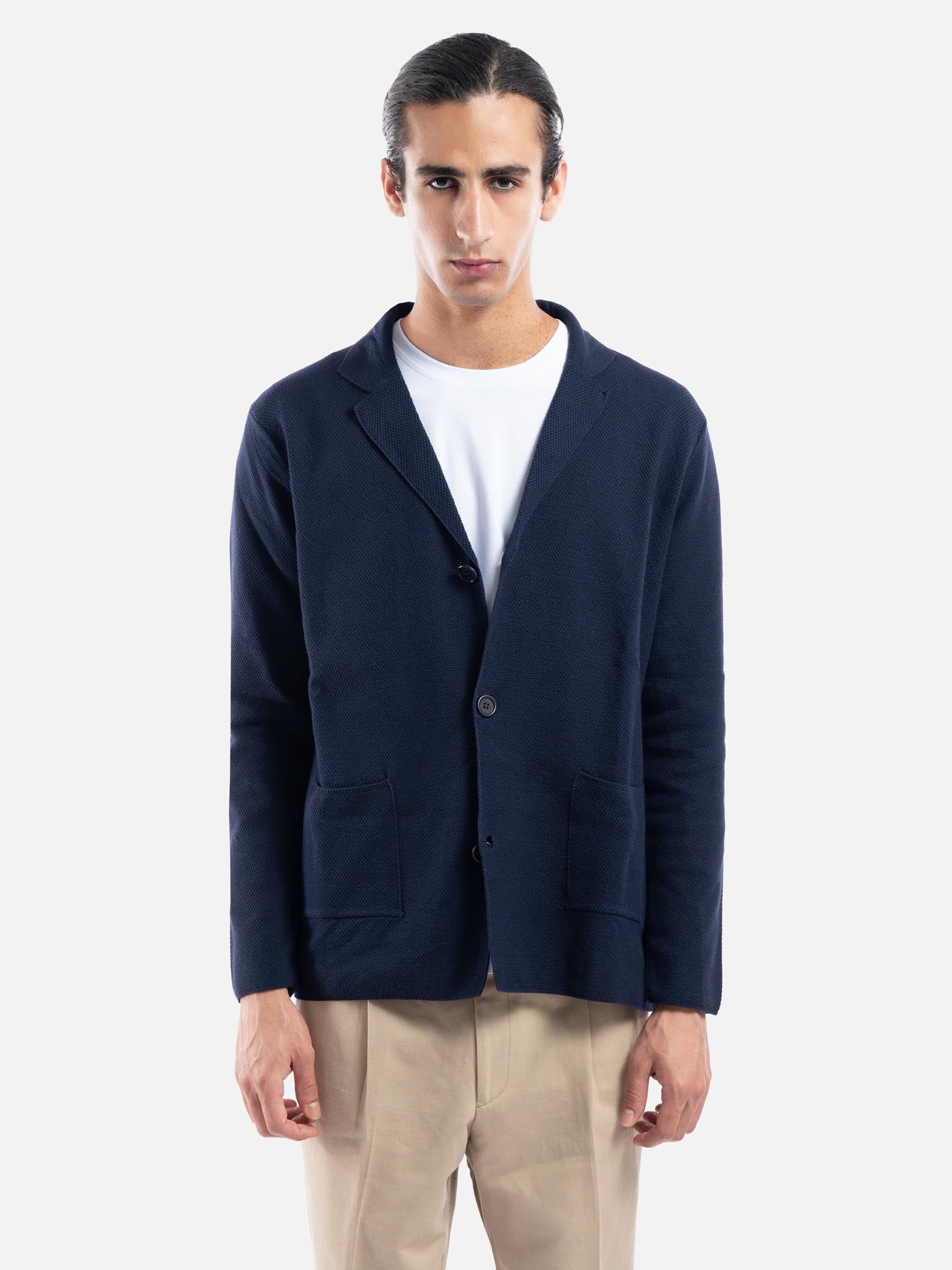 J.W.SAX MILANO Giacca in Maglia Blu Navy con Rever Classico