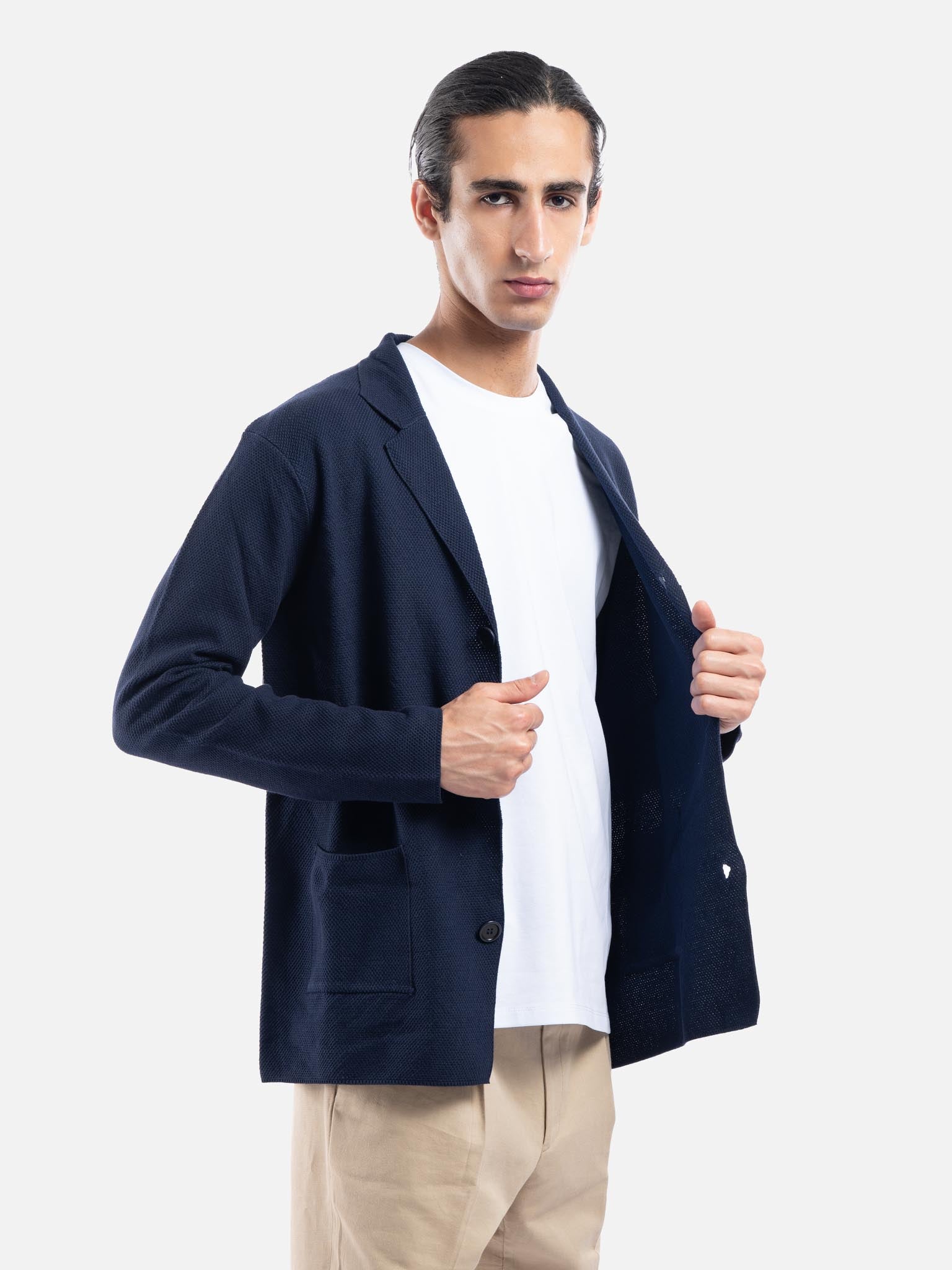 J.W.SAX MILANO Giacca in Maglia Blu Navy con Rever Classico