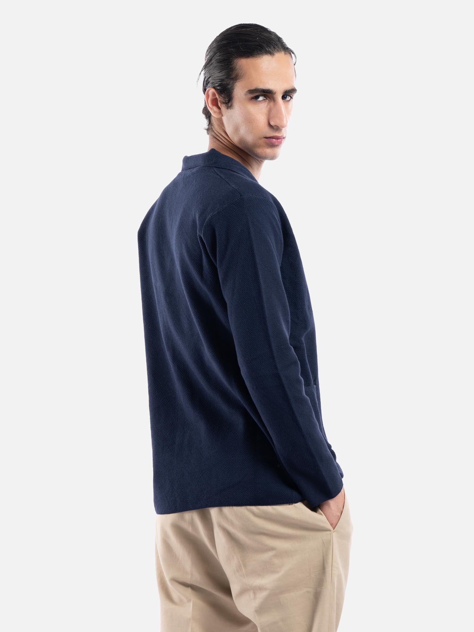 J.W.SAX MILANO Giacca in Maglia Blu Navy con Rever Classico