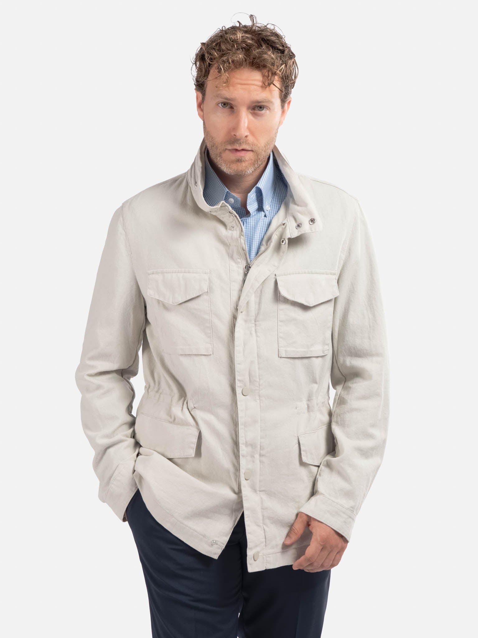 J.W.SAX MILANO Giacca Sahariana Beige in Lino e Cotone