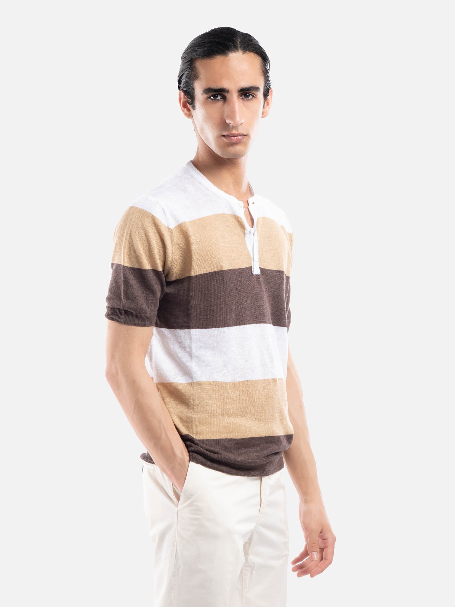 J.W.SAX MILANO T-shirt in Lino a Righe con Bottoni