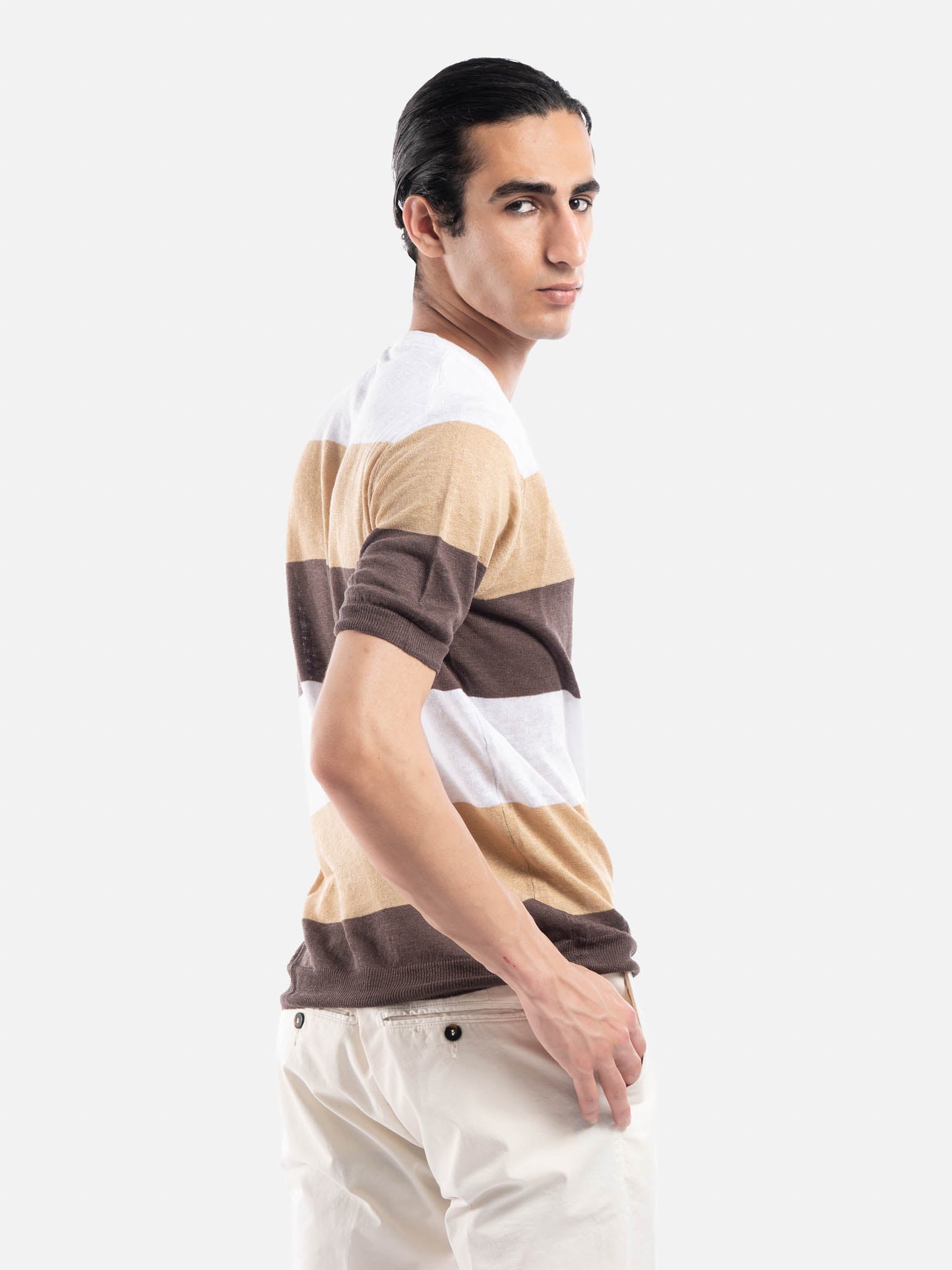 J.W.SAX MILANO T-shirt in Lino a Righe con Bottoni