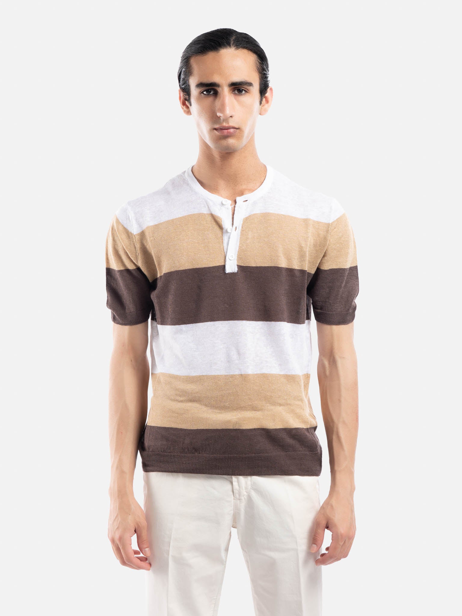 J.W.SAX MILANO T-shirt in Lino a Righe con Bottoni