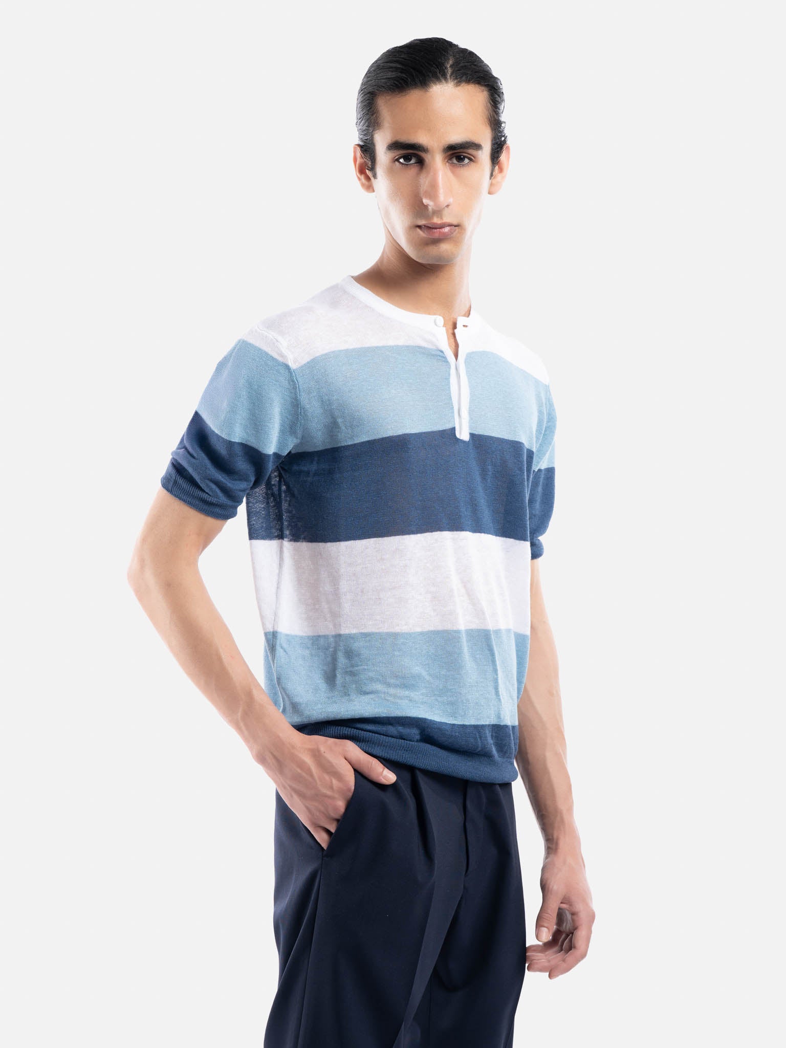 J.W.SAX MILANO T-shirt in Lino a Righe con Bottoni