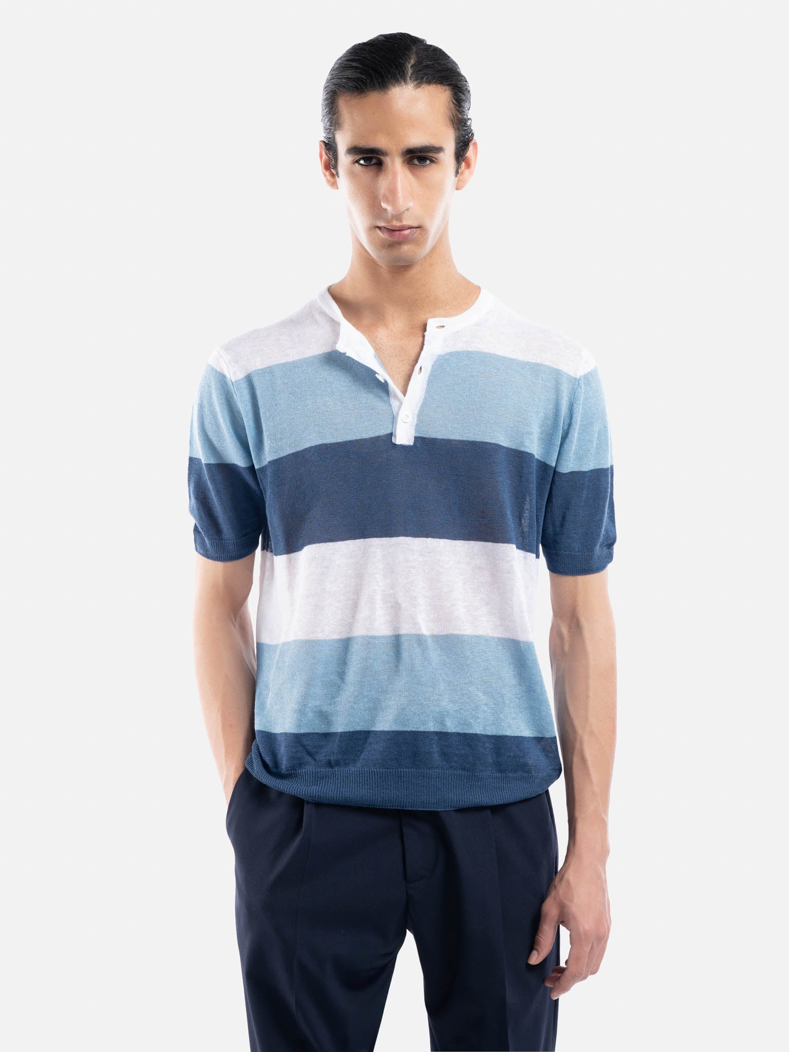 J.W.SAX MILANO T-shirt in Lino a Righe con Bottoni