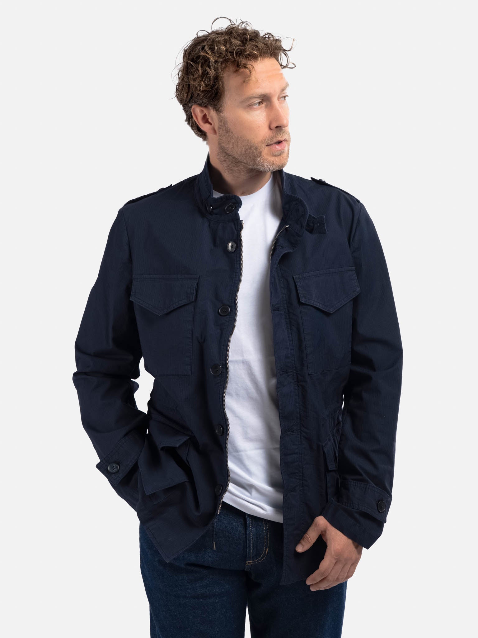 J.W.SAX MILANO Field Jacket Blu in Cotone Stretch