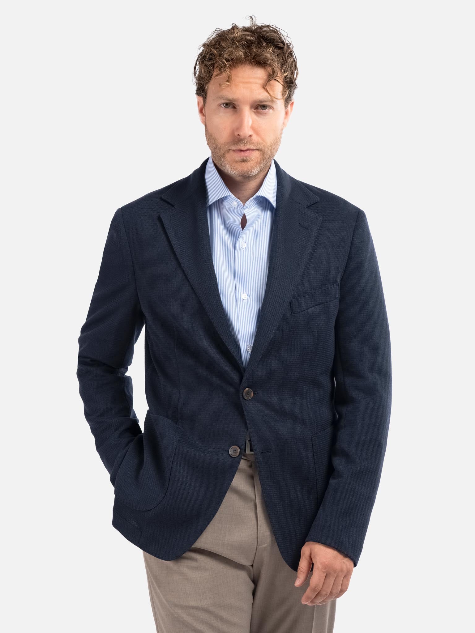 J.W.SAX MILANO Giacca Sfoderata Blu in Jersey Armaturato