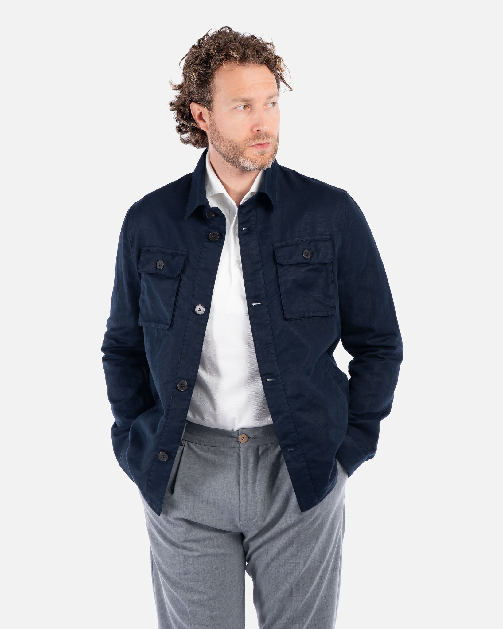 J.W.SAX MILANO Overshirt Blu in Cotone e Lino